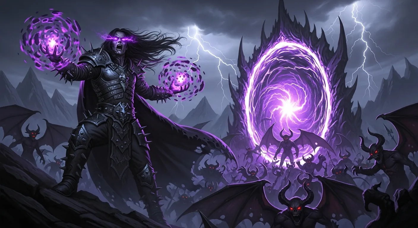 Warlock de Diablo IV invocando demonios con energía oscura y fragmentos de alma