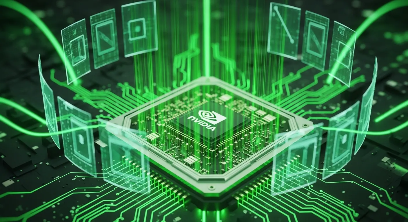 Representación visual de DLSS 4.5 Dynamic Multi Frame Generation con estética futurista NVIDIA