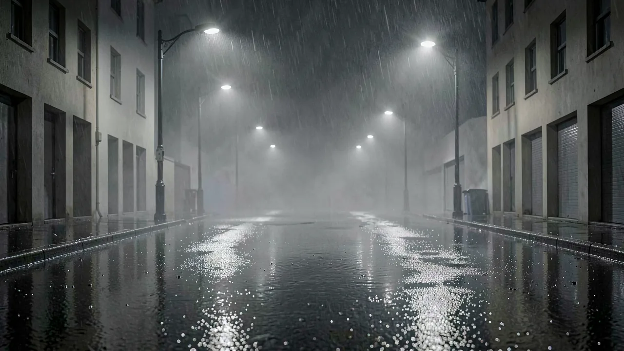 Calle vacía bajo la lluvia de noche con las farolas reflejándose sobre el asfalto mojado, ejemplo del tipo de escena que resuelve el trazado de rayos