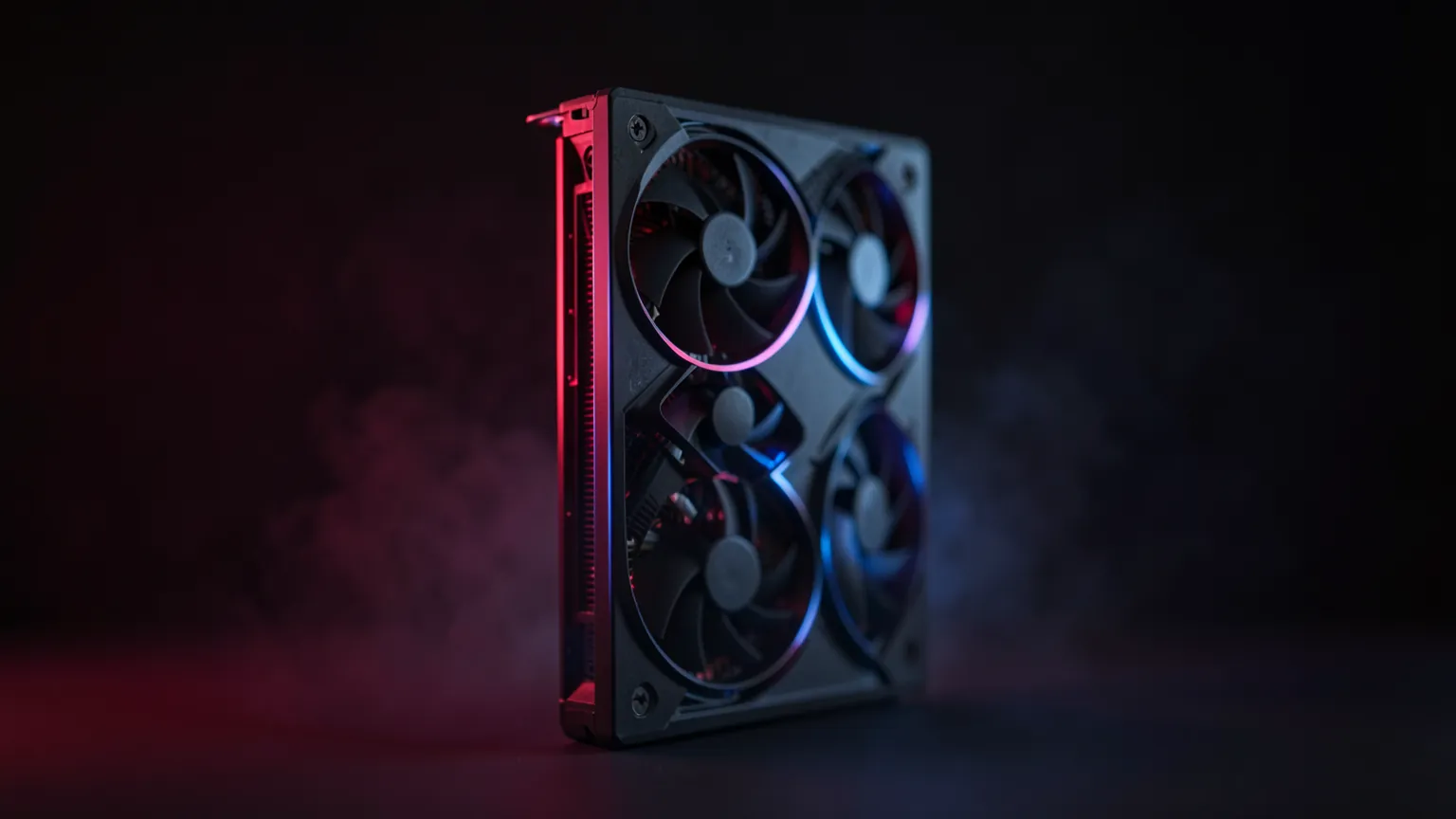 Tarjeta gráfica Radeon moderna con efectos de luz sobre un fondo oscuro de estudio