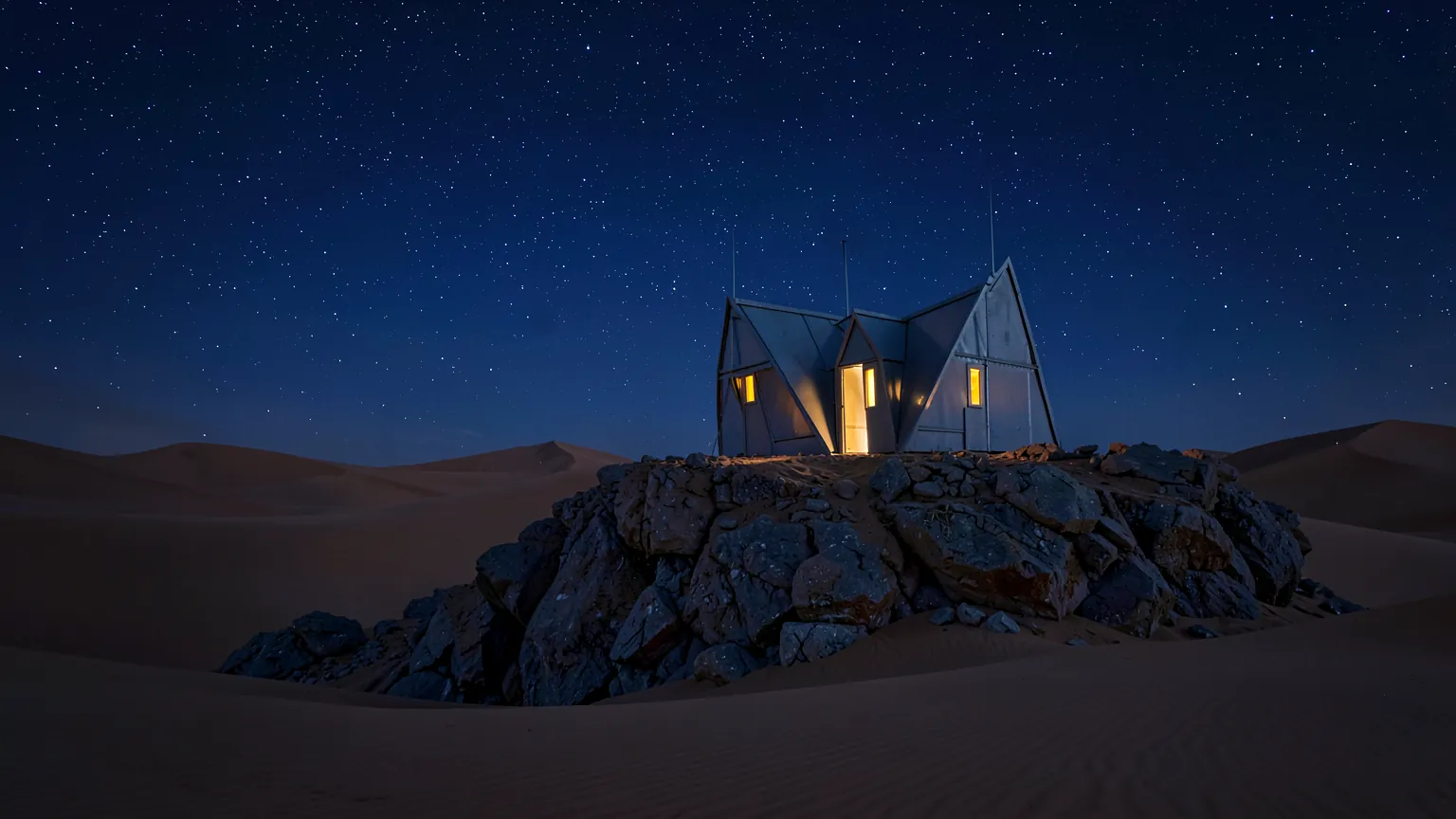Pequeño campamento de estructuras metálicas sobre roca en mitad de un desierto de noche, iluminado por luces cálidas