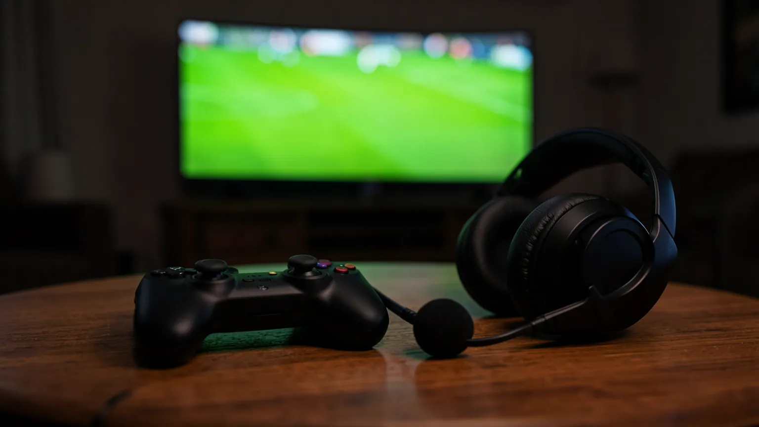 Mando de consola y auriculares con micrófono sobre una mesa frente a un televisor con un partido de fútbol