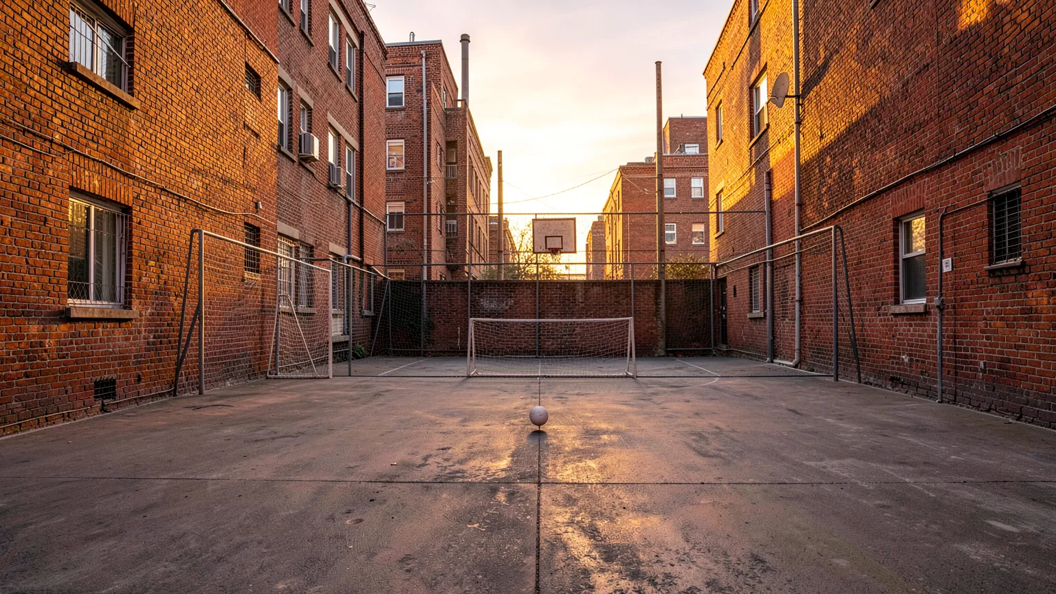Pequeña cancha de fútbol urbana entre edificios al atardecer con un balón en el centro