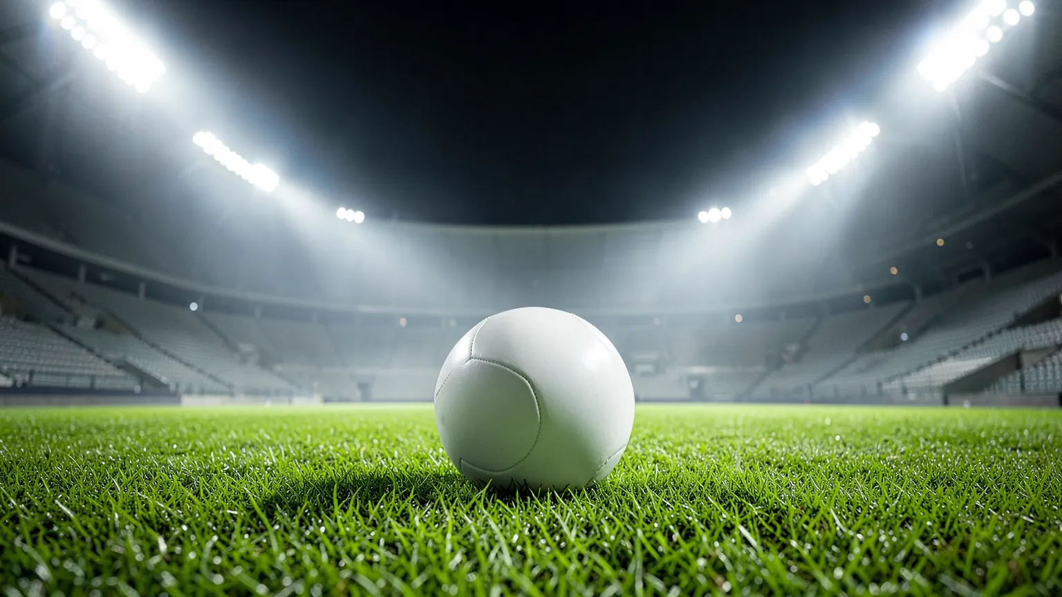 Balón de fútbol sobre el césped de un estadio iluminado por los focos de noche