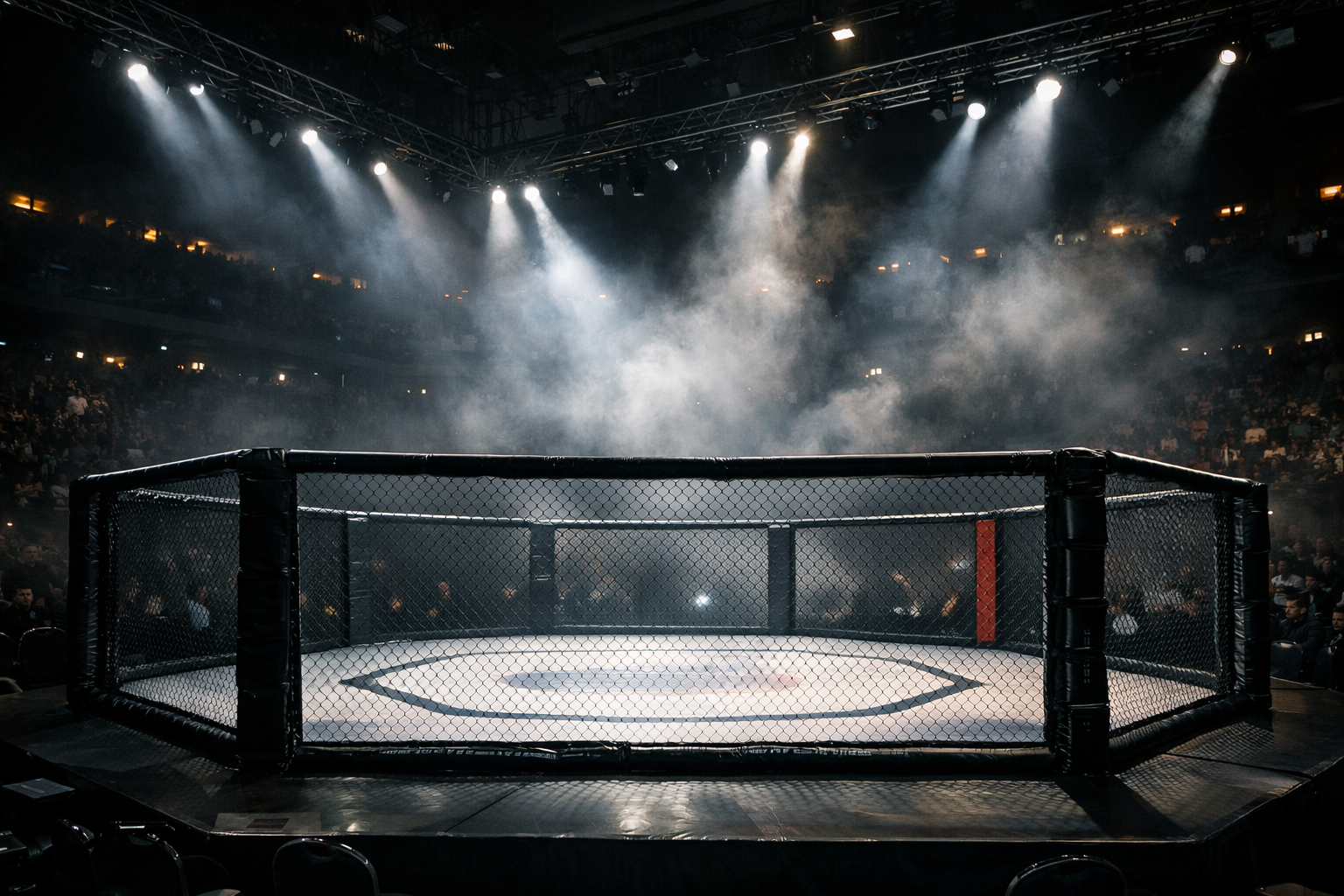 Octágono de combate de EA Sports UFC 6 con iluminación realista y peleadores enfrentándose