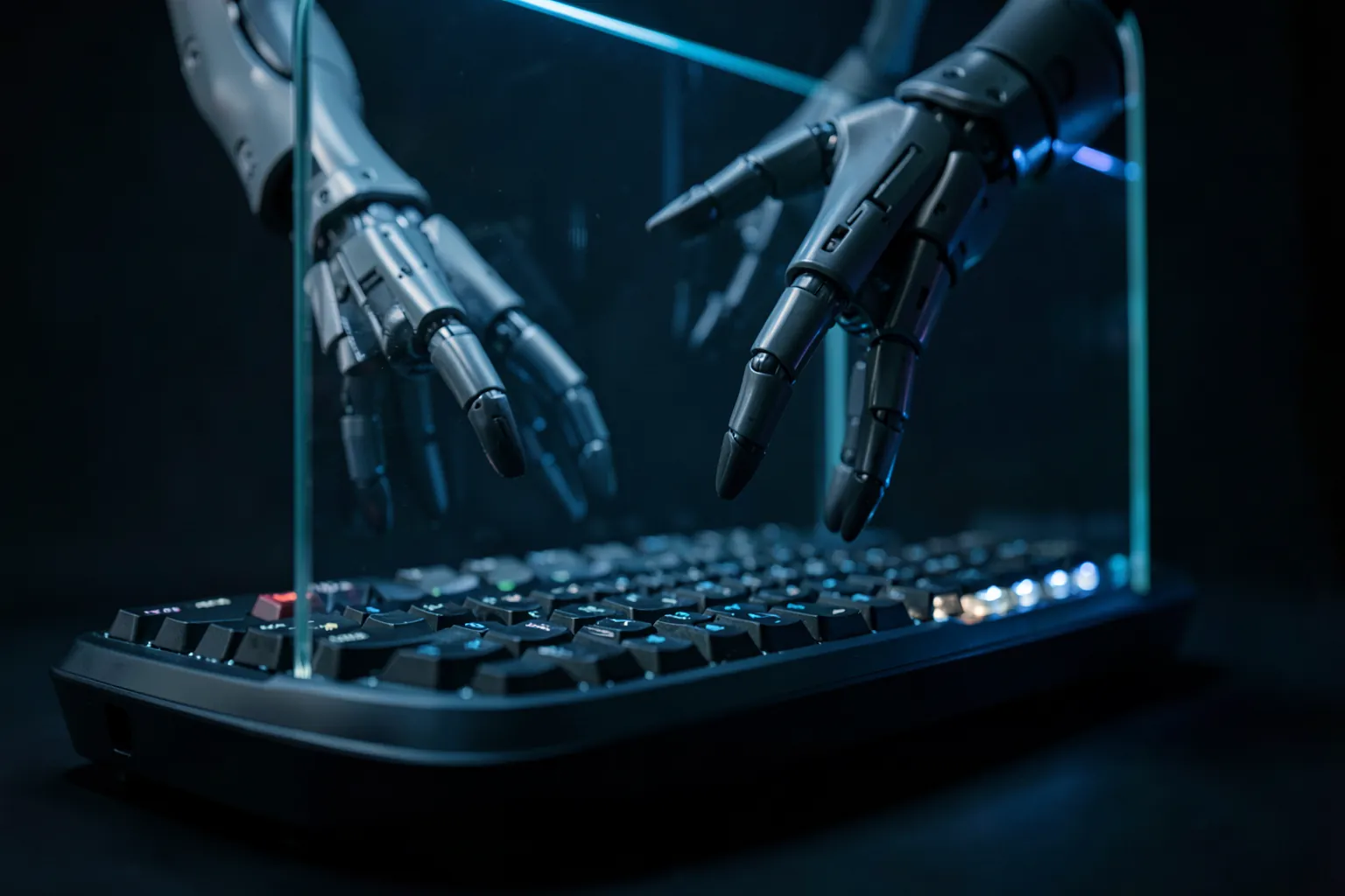 Manos robóticas sobre un teclado detrás de un cristal protector