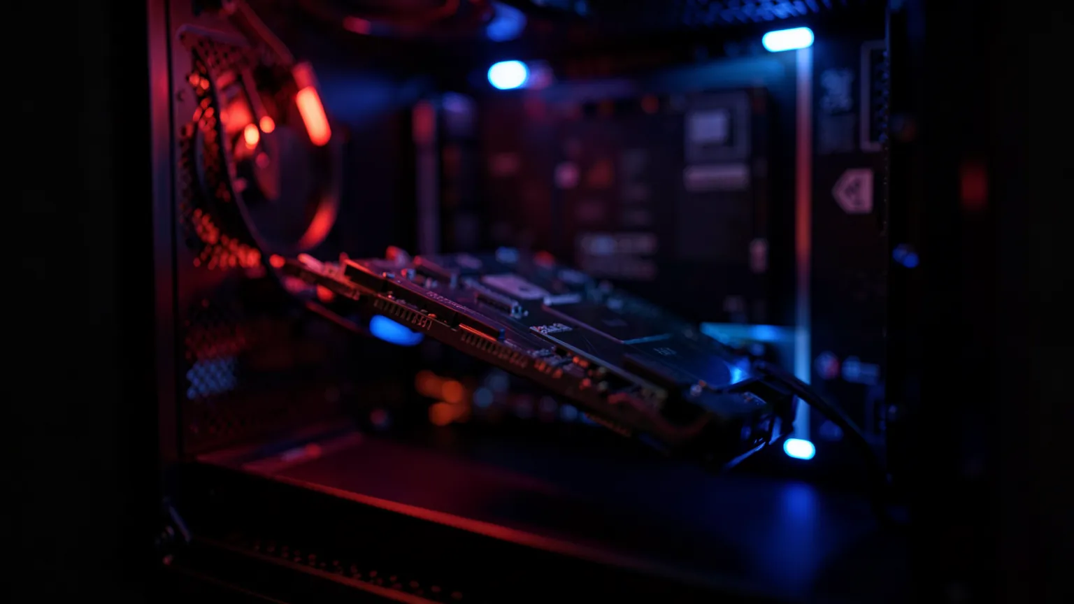 Tarjeta gráfica AMD instalada en un ordenador con iluminación roja y azul de fondo