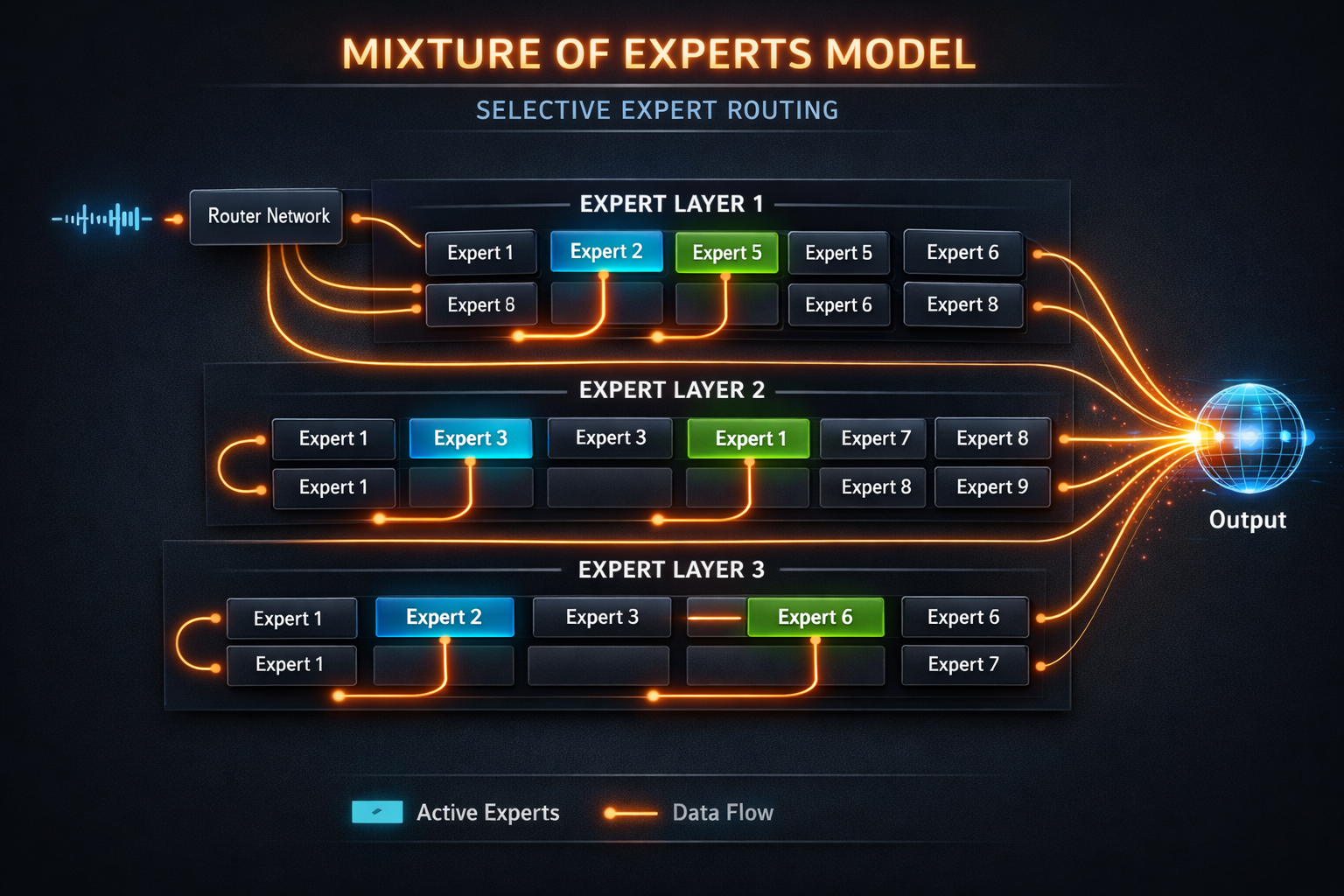 Diagrama de la arquitectura MoE streaming de Colibri con expertos particionados por capa y cache LRU en RAM