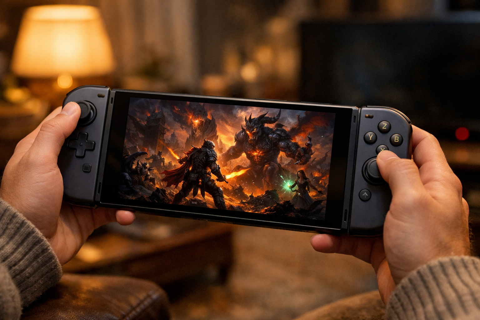 Nintendo Switch 2 en modo portátil mostrando escena de combate contra un boss del Interregno