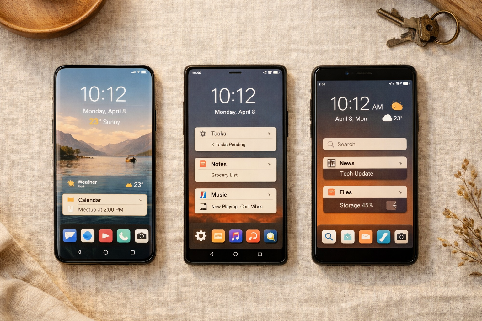 Selección de smartphones Android alternativos junto a auriculares y accesorios en escritorio de madera