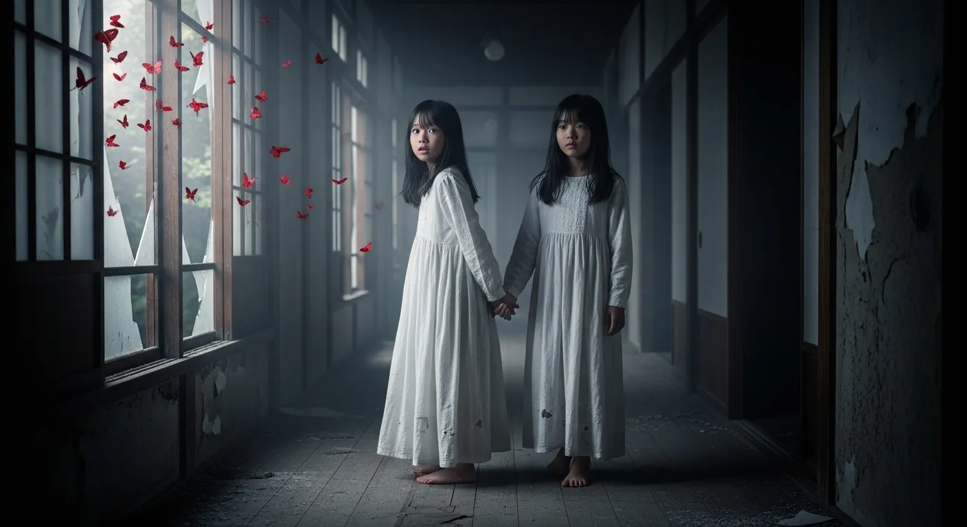 Las hermanas gemelas Mio y Mayu Amakura tomadas de la mano en Fatal Frame II Remake