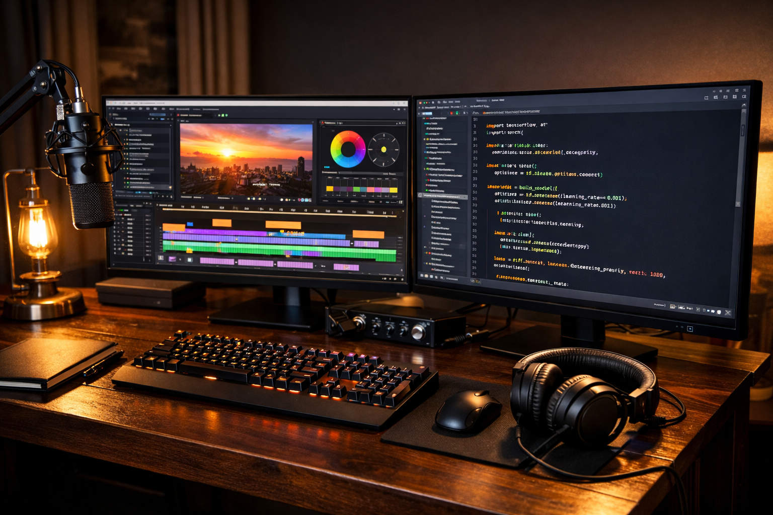 Puesto de trabajo de desarrollador multimodal con portátil premium, monitor 4K, auriculares de estudio y micrófono profesional