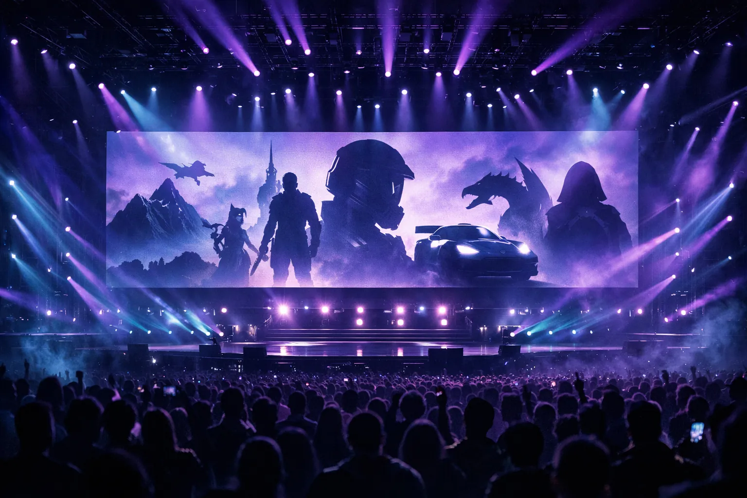 Escenario Gamescom Opening Night Live 2026 con logos de los juegos revelados