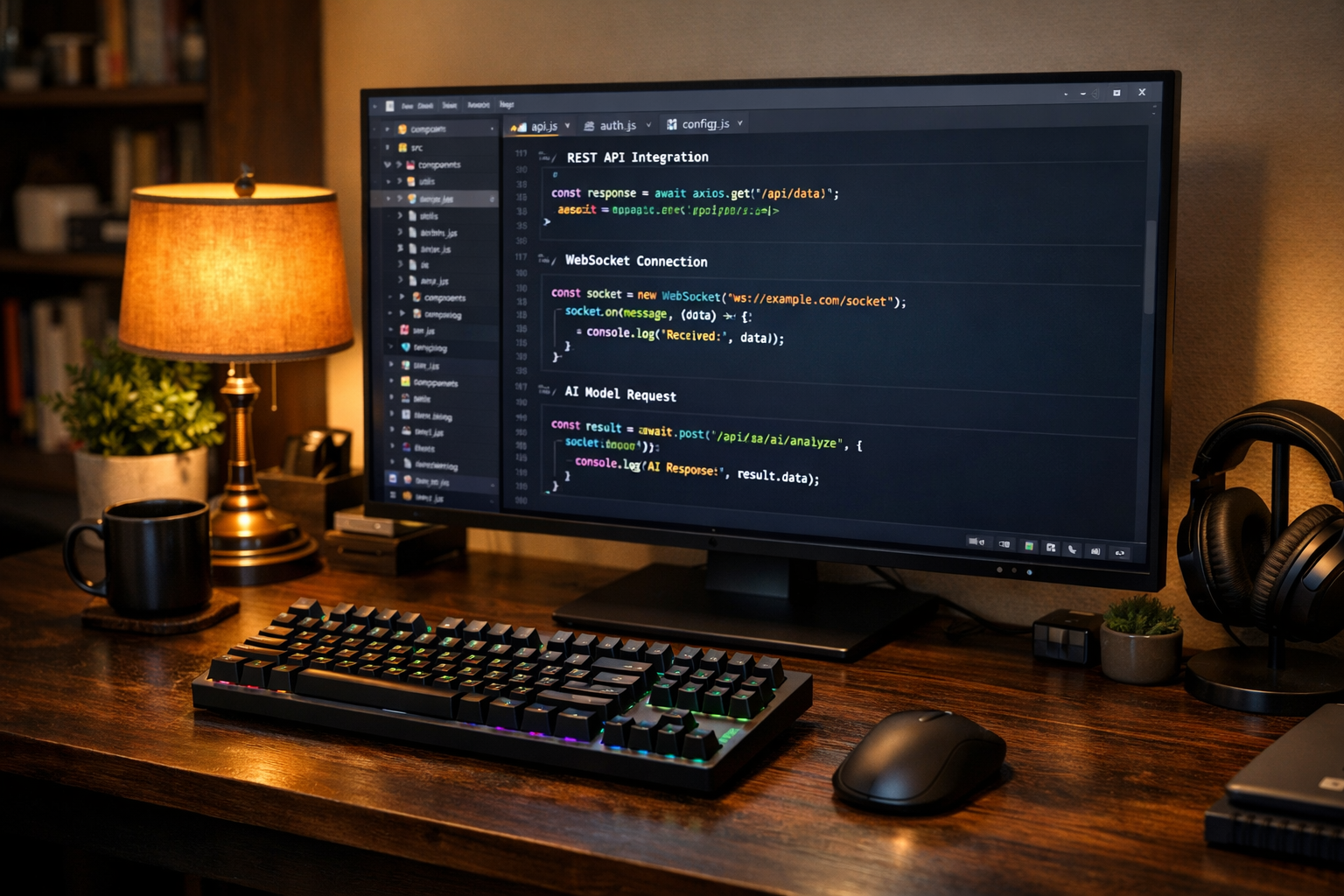 Escritorio de desarrollador con mini-PC, monitor 4K, teclado mecánico y auriculares de cancelación de ruido