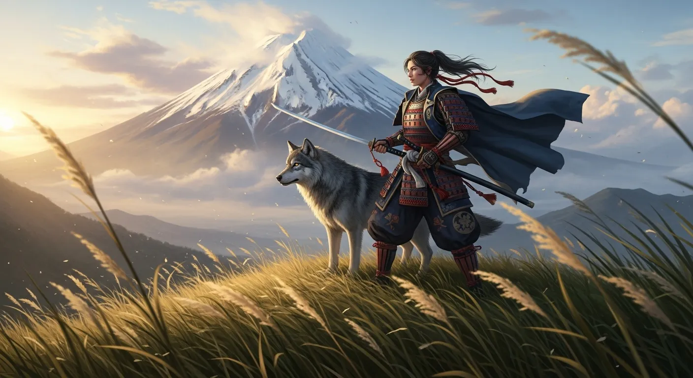 Atsu, protagonista de Ghost of Yotei, contemplando el Monte Yotei con su katana y lobo compañero