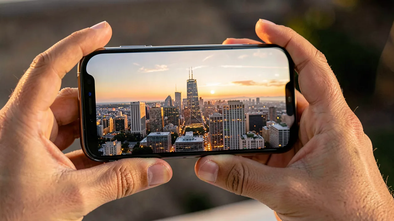 Dos manos sosteniendo un teléfono móvil en horizontal que fotografía el perfil de una ciudad al atardecer con el sol en el horizonte