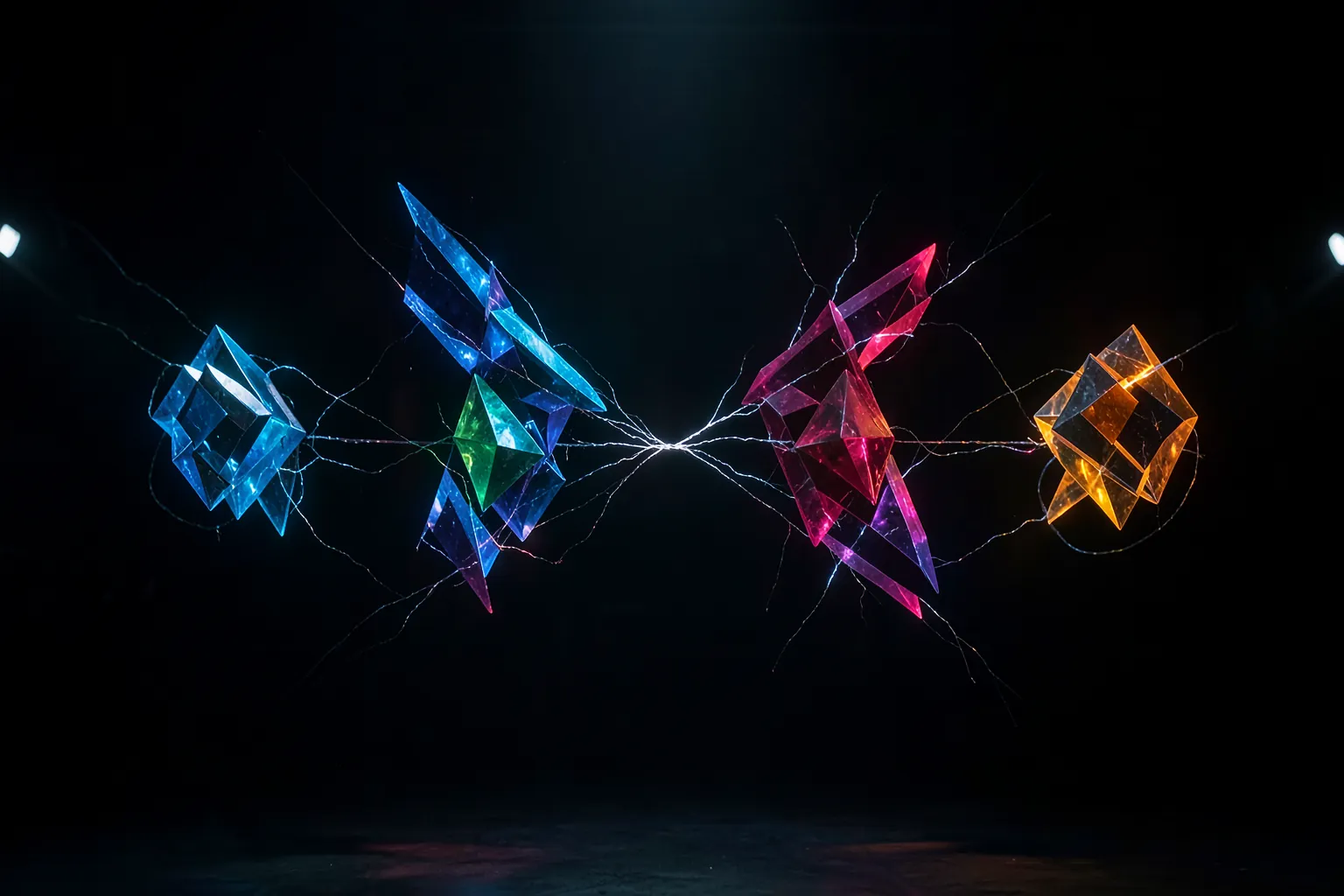 Varios logotipos abstractos de sistemas de inteligencia artificial compitiendo