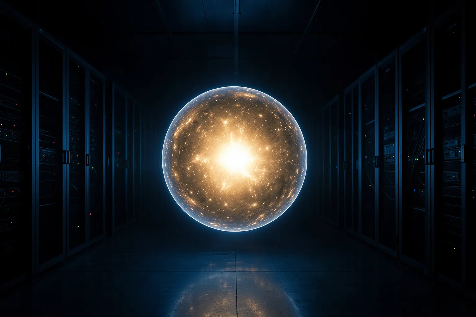 Núcleo de inteligencia artificial luminoso en una sala de servidores oscura