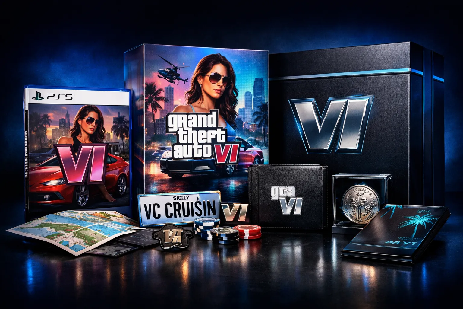 Ediciones Standard, Deluxe y Ultimate de GTA VI con packaging premium sobre fondo oscuro