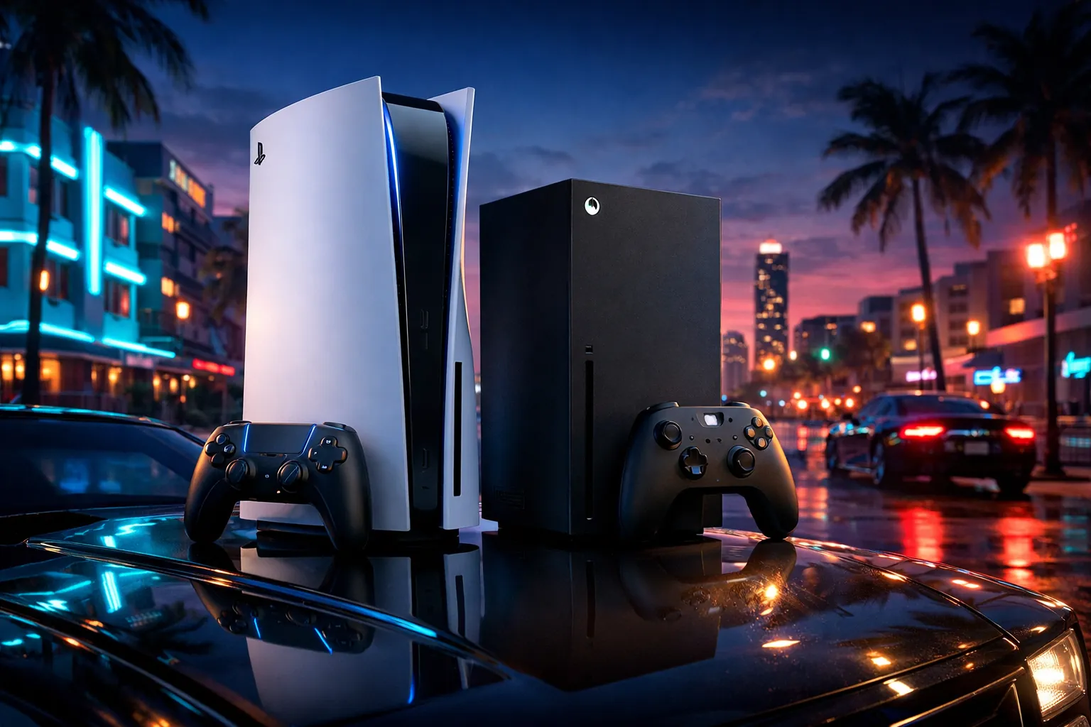 Consolas PlayStation 5 Pro y Xbox Series X junto a una escena urbana estilo Vice City
