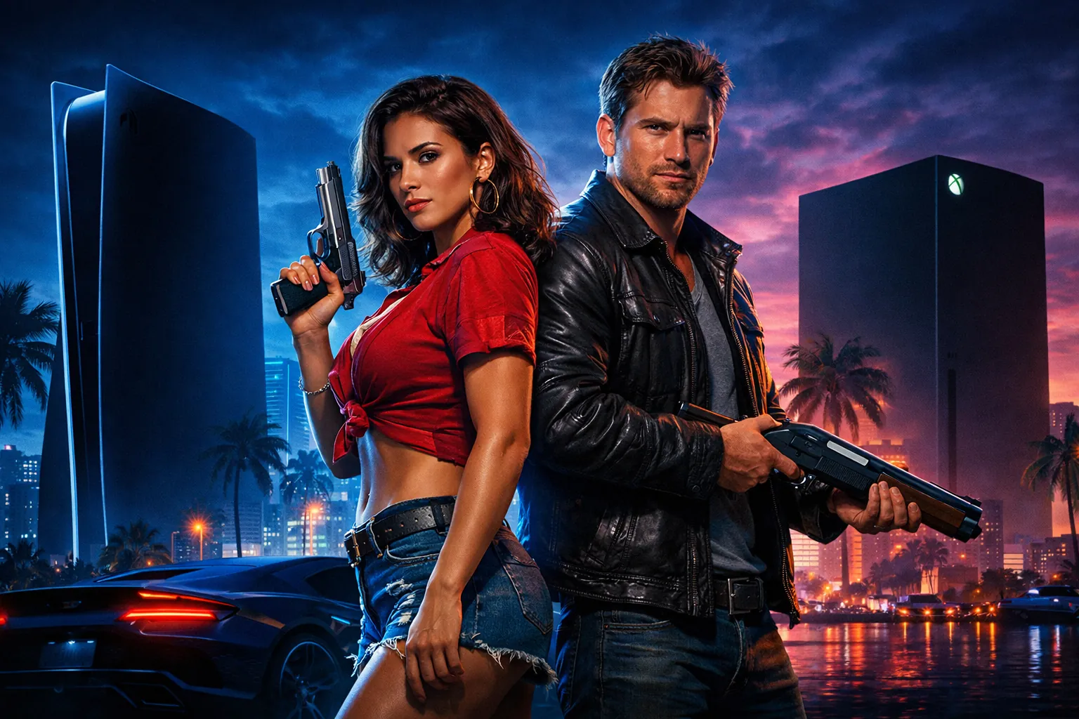 Portada de GTA VI mostrando a Lucía y Jason en Vice City con silueta de PS5 Pro y Xbox Series X
