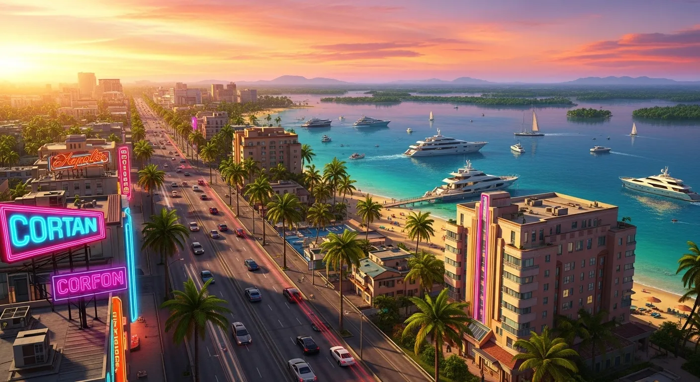 Vista aérea de Vice City en GTA VI - El estado de Leonida inspirado en Florida