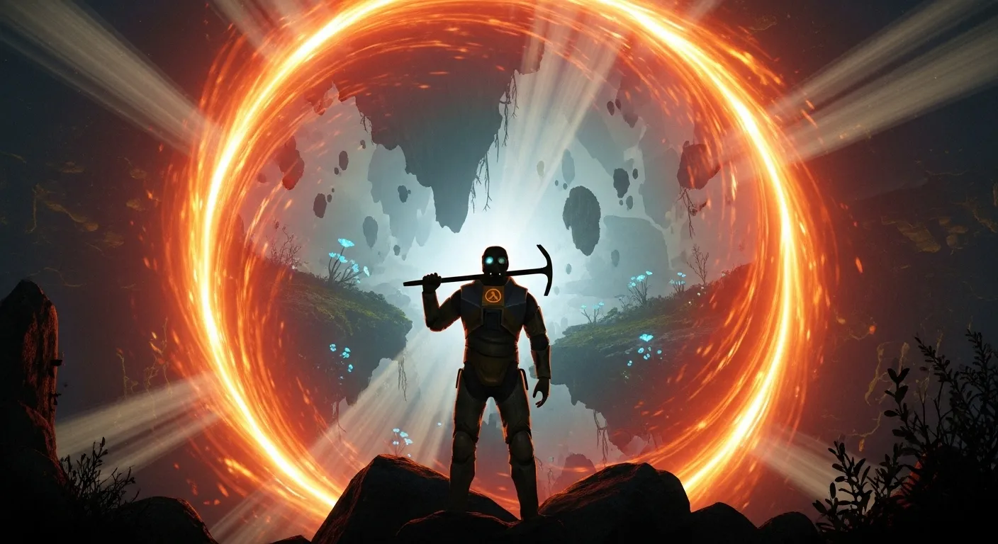 Gordon Freeman con la palanca y el traje HEV, símbolo lambda de Half-Life 3