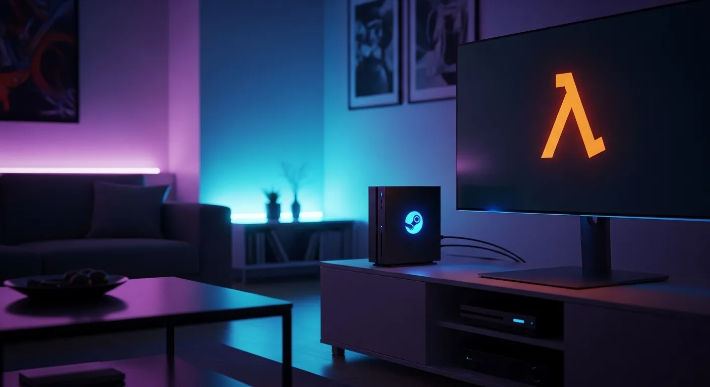 Steam Machine de Valve y Half-Life 3, mini PC gaming junto al logo lambda