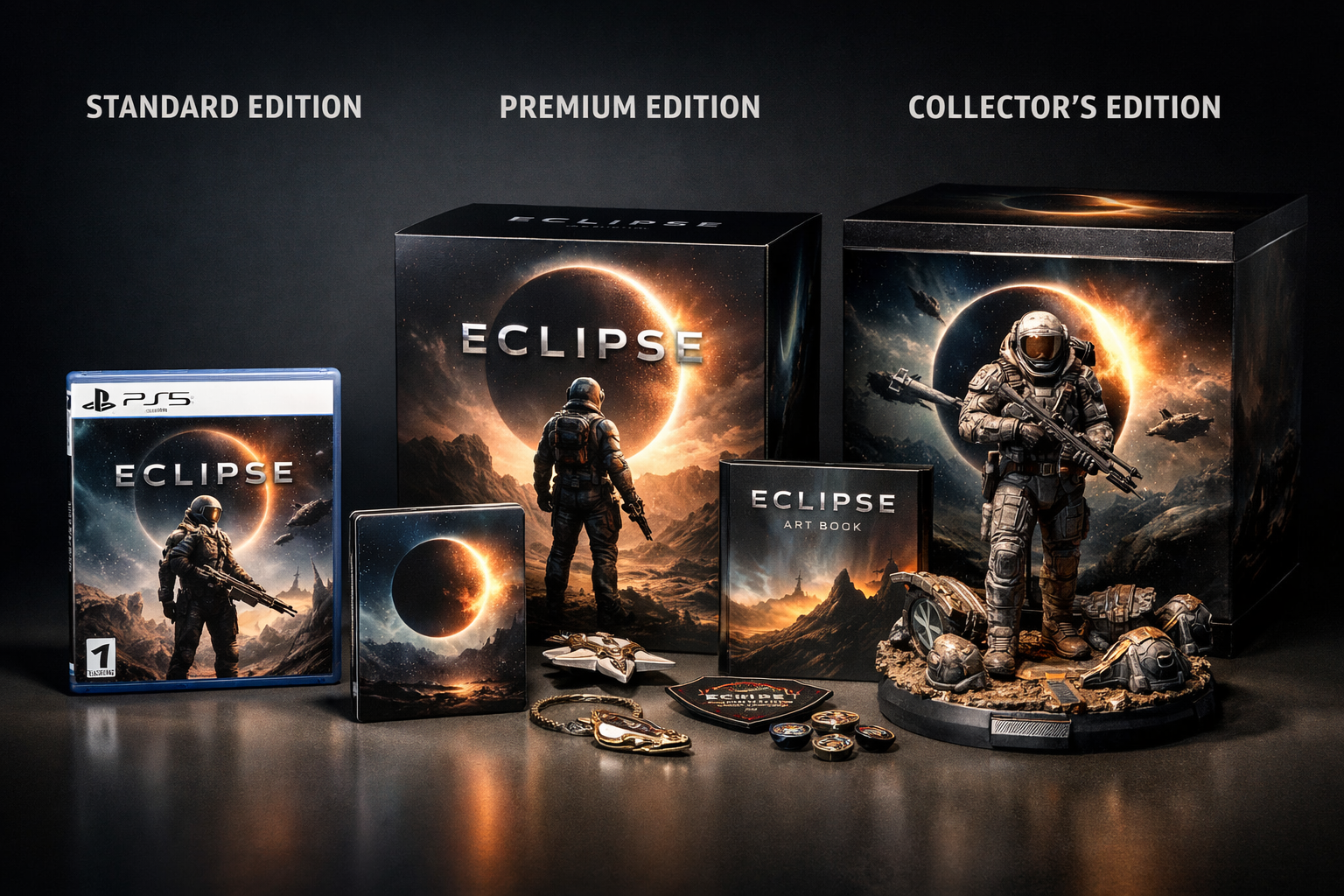 Comparativa de ediciones fisicas y digitales de videojuego sci-fi con caja premium collector edicion futurista y contenido exclusivo