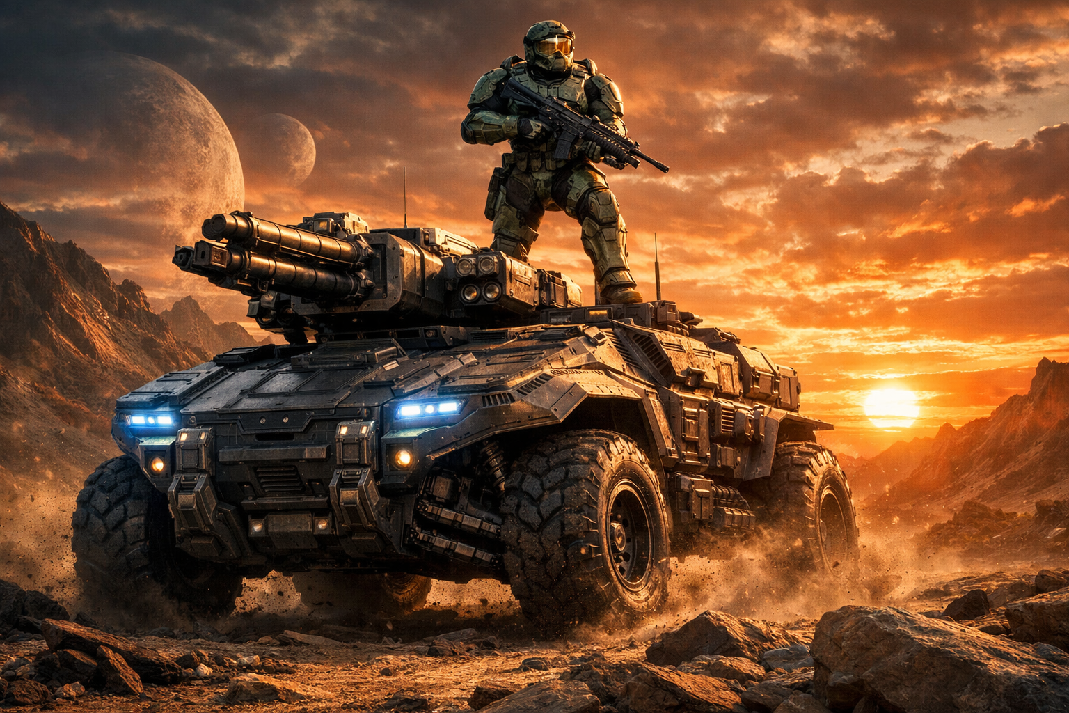 Vehiculo de combate sci-fi futurista con canon giratorio y soldado supersoldado en armadura verde en paisaje alienigena post-apocaliptico