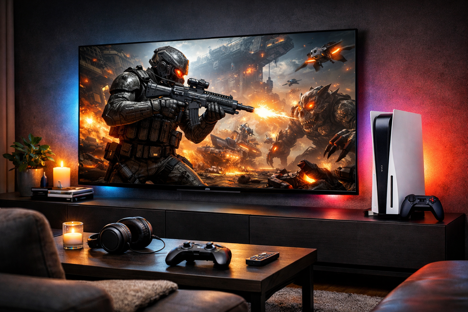 Setup gaming premium con television OLED 4K y consolas de nueva generacion preparado para shooter sci-fi post-apocaliptico