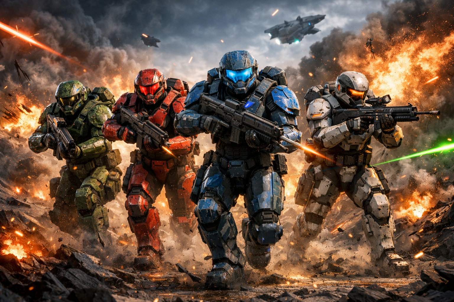 Escena de shooter sci-fi post-apocaliptico con cuatro soldados futuristas cooperando en combate