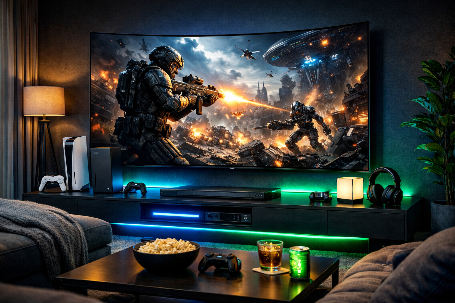 Setup gaming premium para shooter sci-fi con TV OLED, consola de nueva generacion y auriculares surround