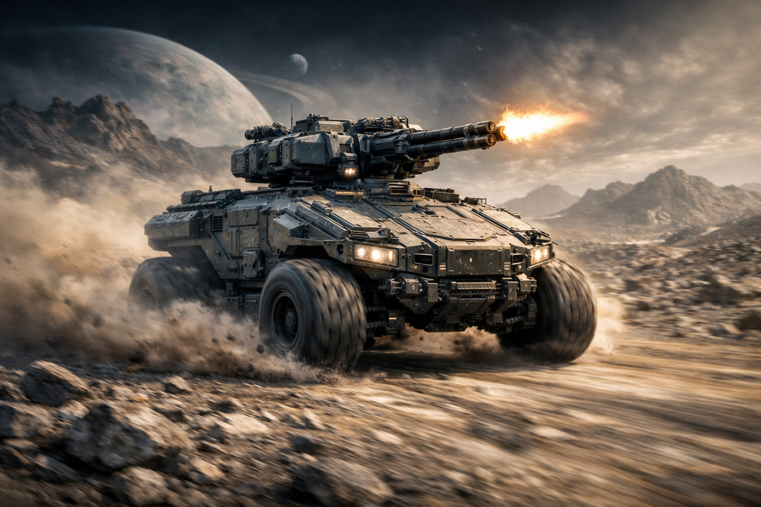 Vehiculo de combate sci-fi futurista con canon giratorio en paisaje alienigena