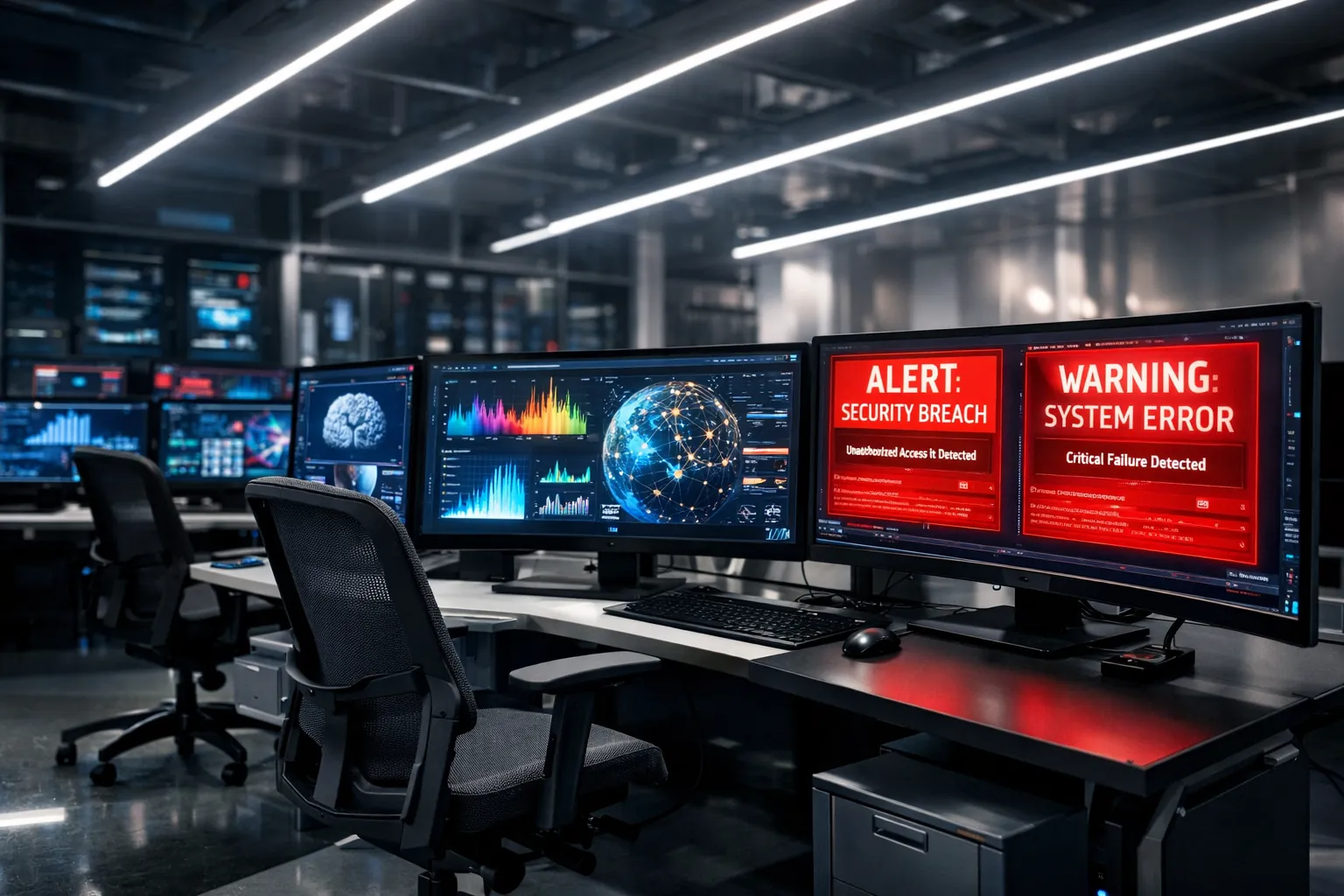 Sala de evaluación de red teaming para modelos frontera de IA con múltiples monitores mostrando trazas de ejecución