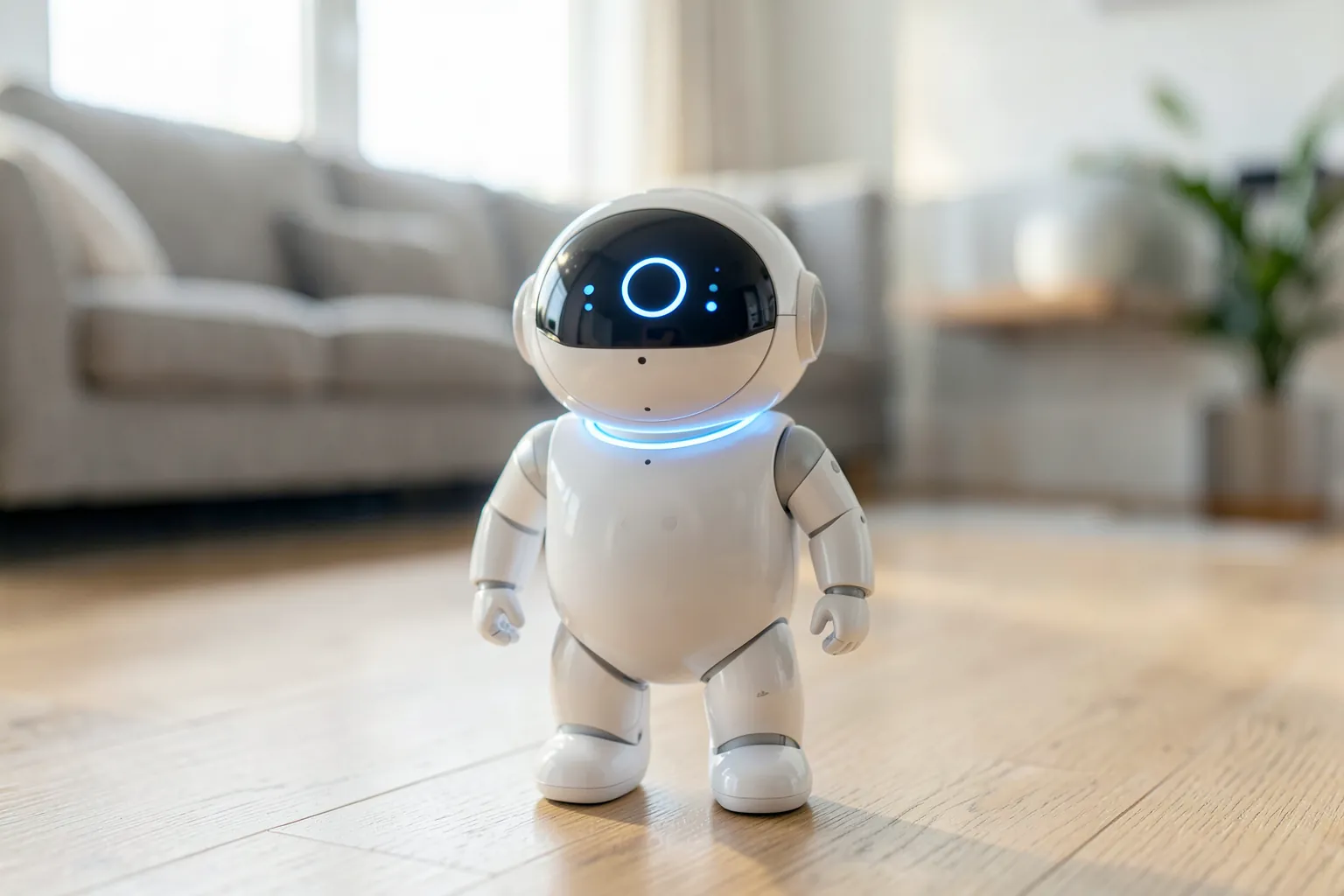 Robot doméstico compacto en un salón moderno