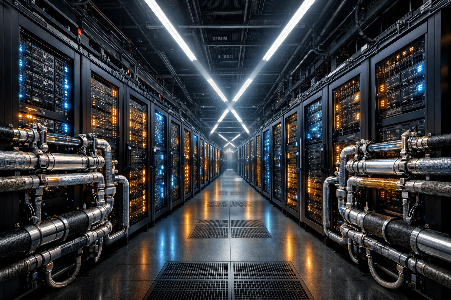 Fila de servidores de datacenter con GPUs Intel Crescent Island para inferencia AI refrigerada por aire