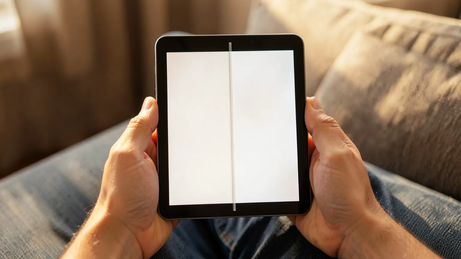 Manos sujetando un teléfono plegable abierto como un libro en un sofá con luz cálida de tarde
