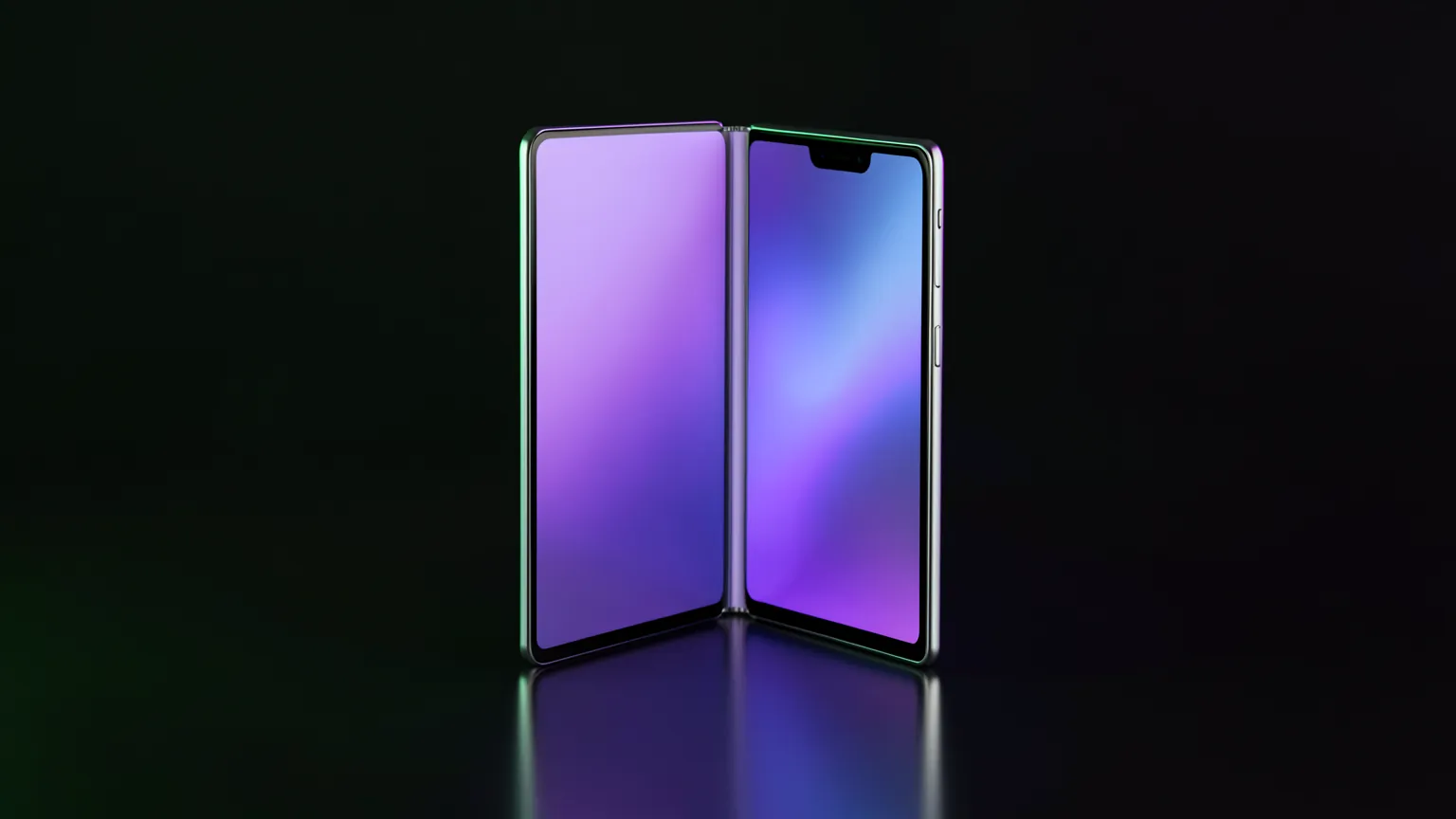 Teléfono plegable tipo libro medio abierto sobre una superficie oscura con luz de estudio