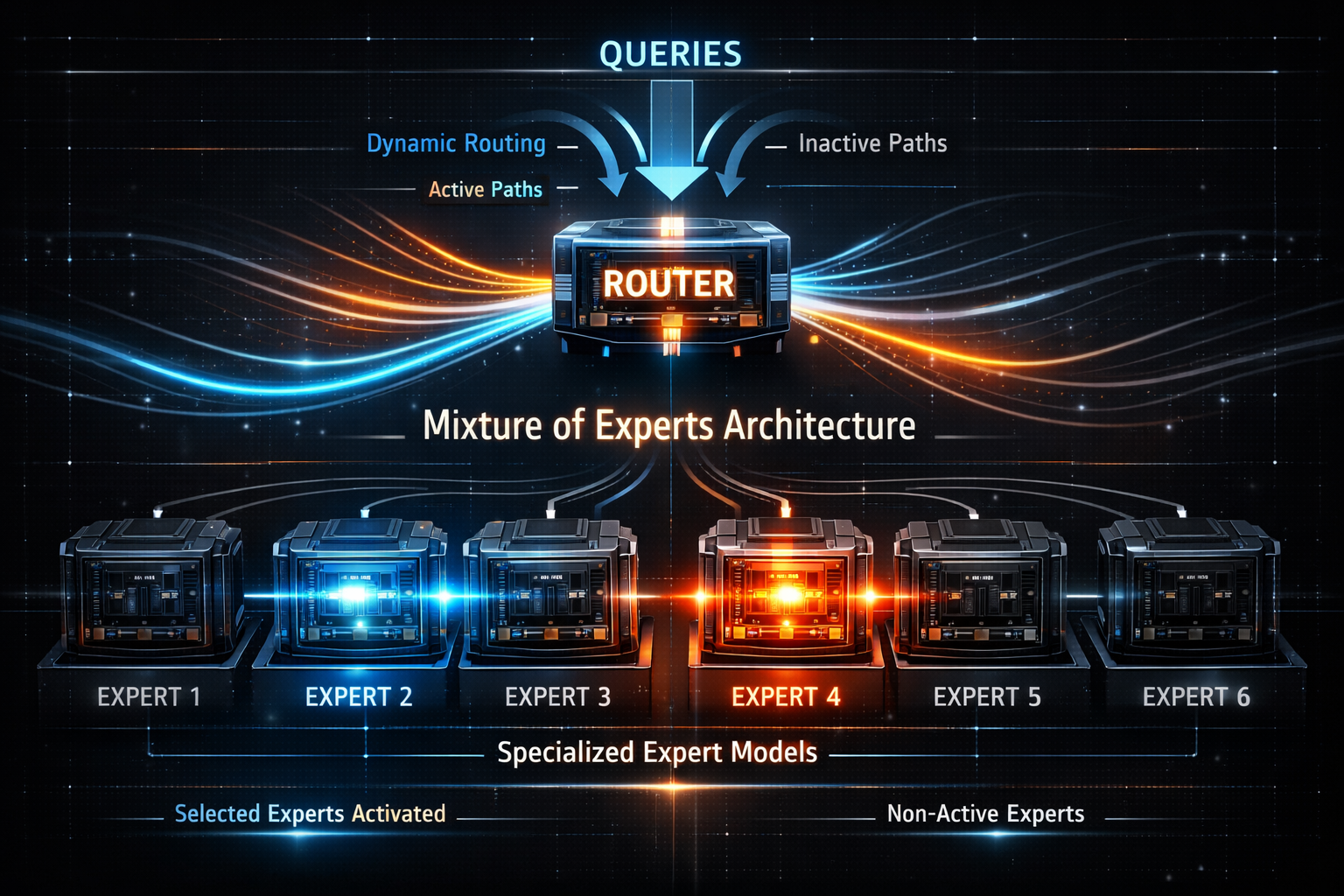 Diagrama conceptual de arquitectura Mixture-of-Experts con expertos activados selectivamente por token