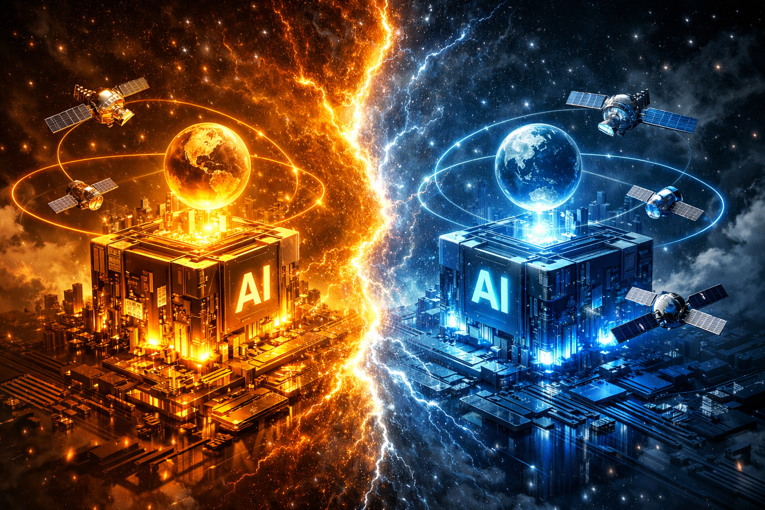 Concept art de dos bloques tecnológicos globales compitiendo por el liderazgo en inteligencia artificial frontier