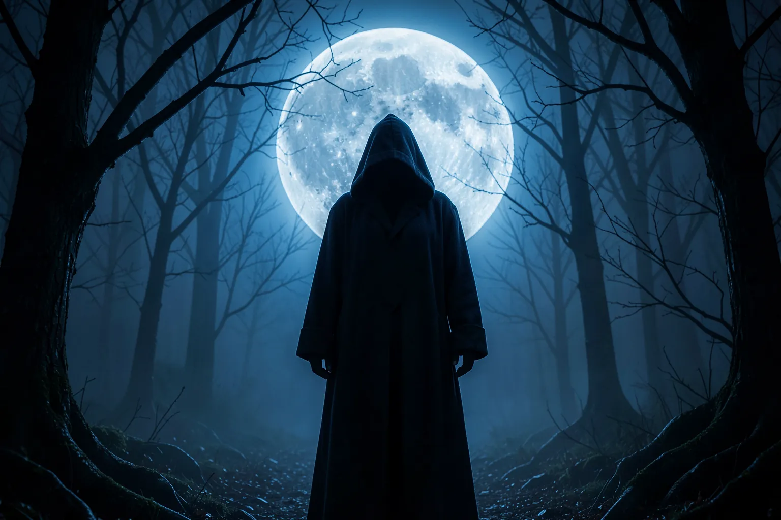 Figura encapuchada en un bosque nocturno bajo la luna llena
