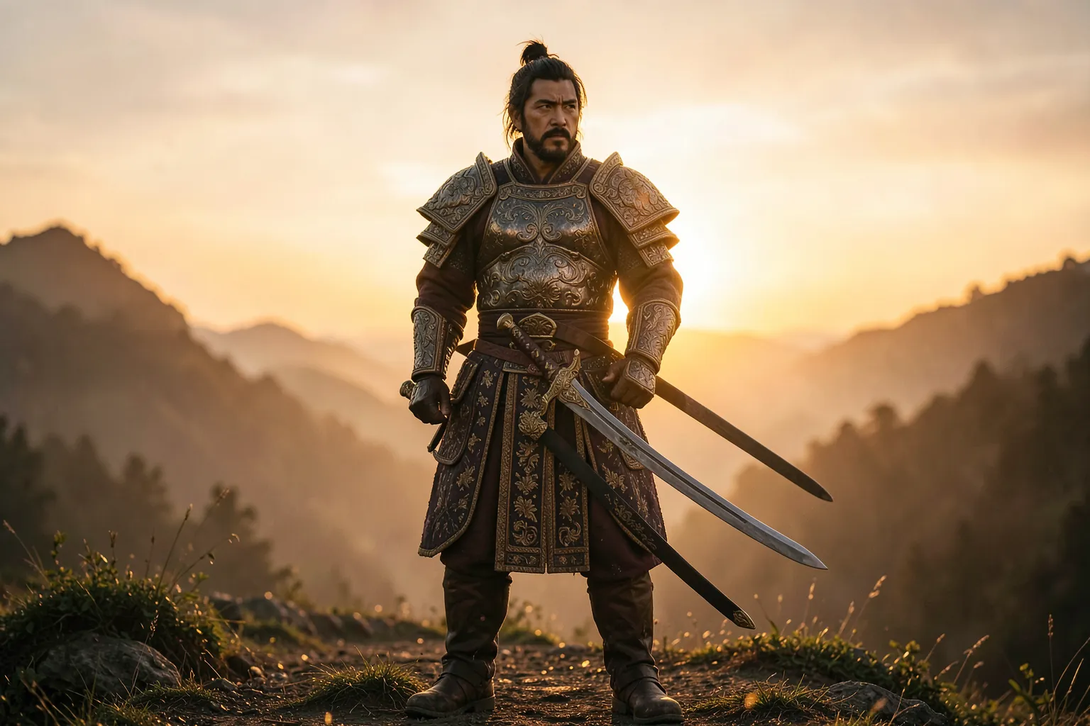 Guerrero con armadura tradicional japonesa empuñando una espada al atardecer