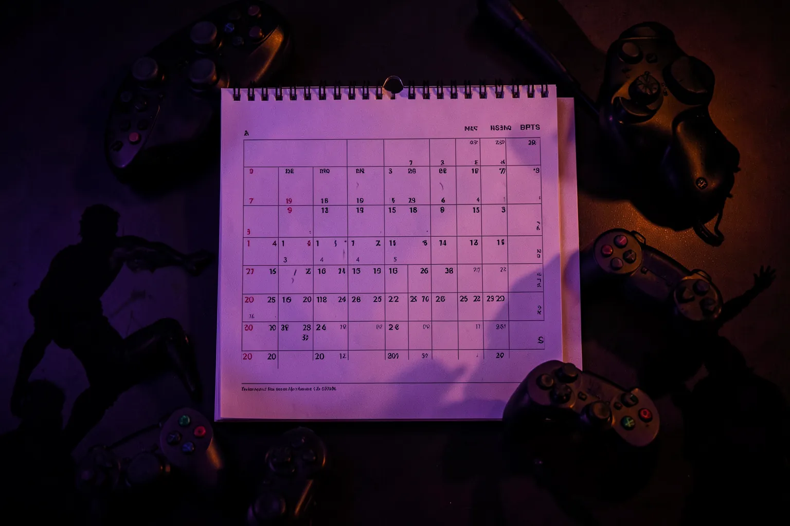 Calendario de septiembre rodeado de mandos de consola y siluetas de personajes de videojuego