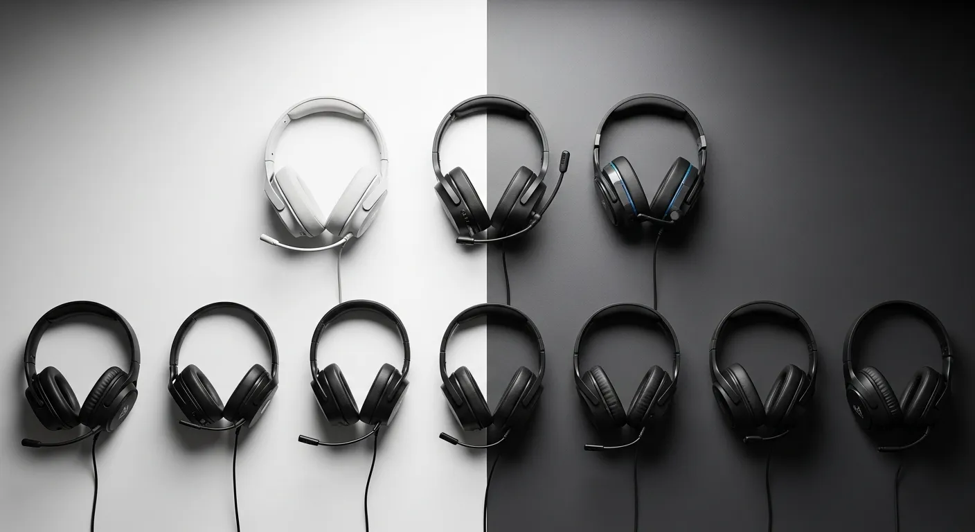 Varios auriculares gaming de distintos rangos de precio sobre un escritorio