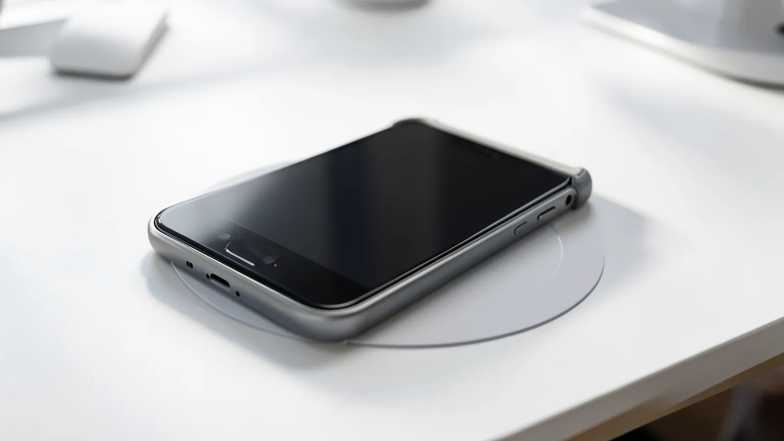 Telefono con funda magnetica apoyado sobre un cargador inalambrico en una mesa clara