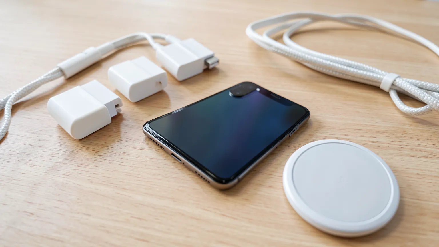 Teléfono moderno junto a varios cargadores USB-C y una base inalámbrica sobre un escritorio