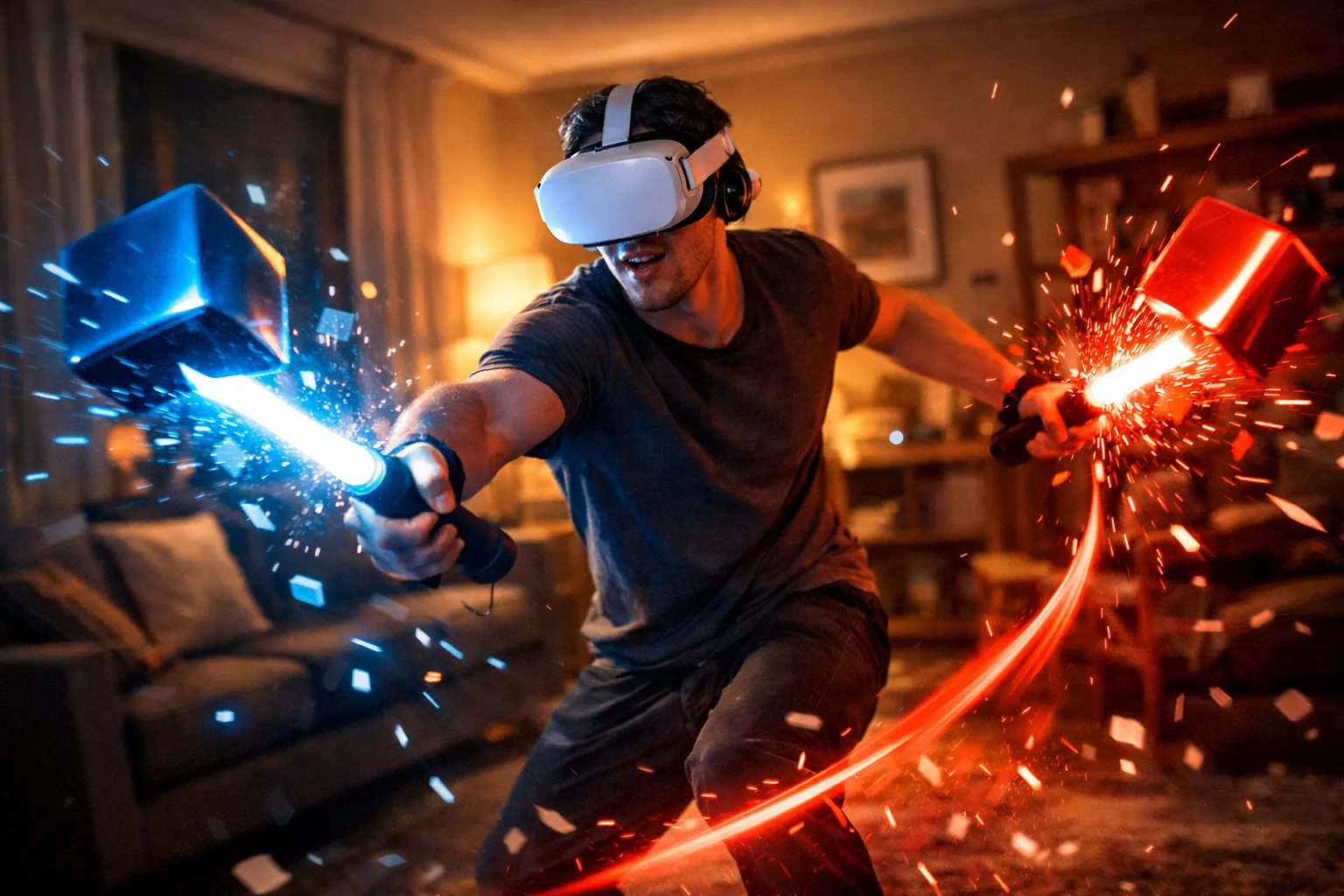 Jugador inmerso en experiencia de realidad virtual con luz ambiental cálida y postura de combate
