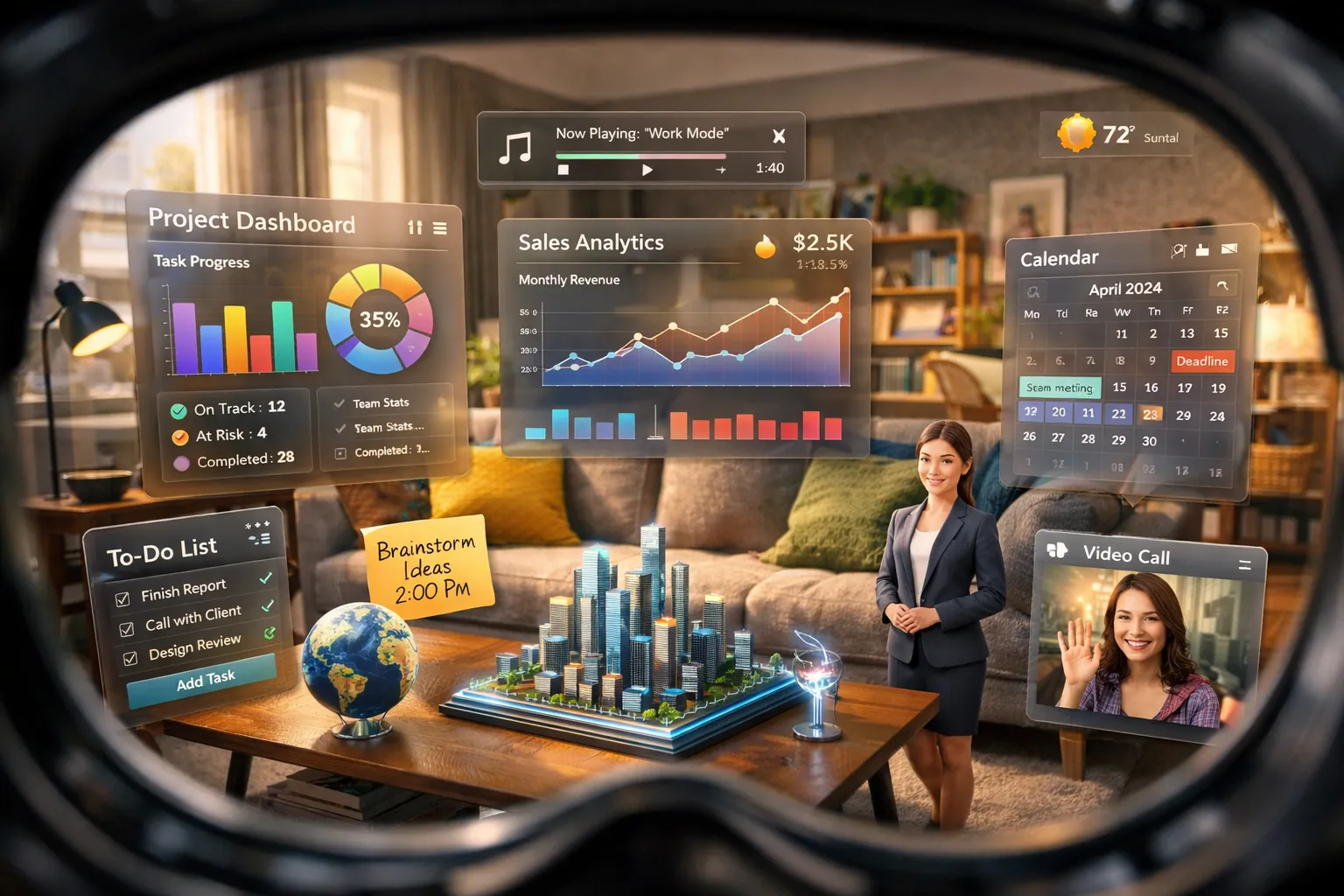 Vista de realidad mixta con elementos digitales flotando sobre mesa real de salón