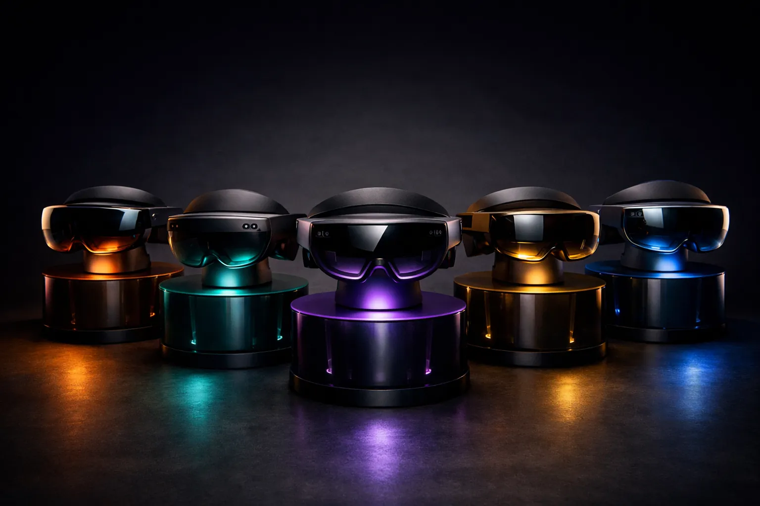 Colección de cascos de realidad virtual y mixta de 2026 con iluminación cinematográfica sobre superficie oscura